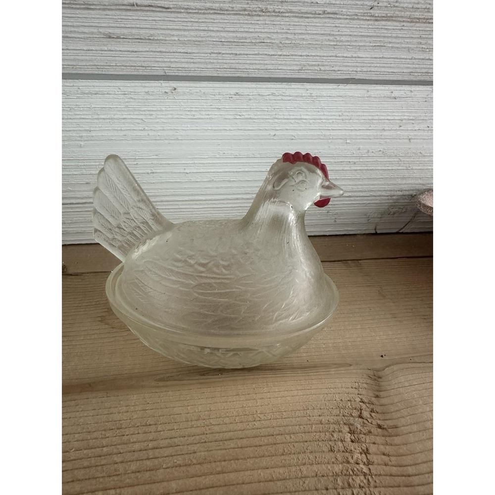 Vintage Indiana Glass Clear Hen On Nest With Red Comb